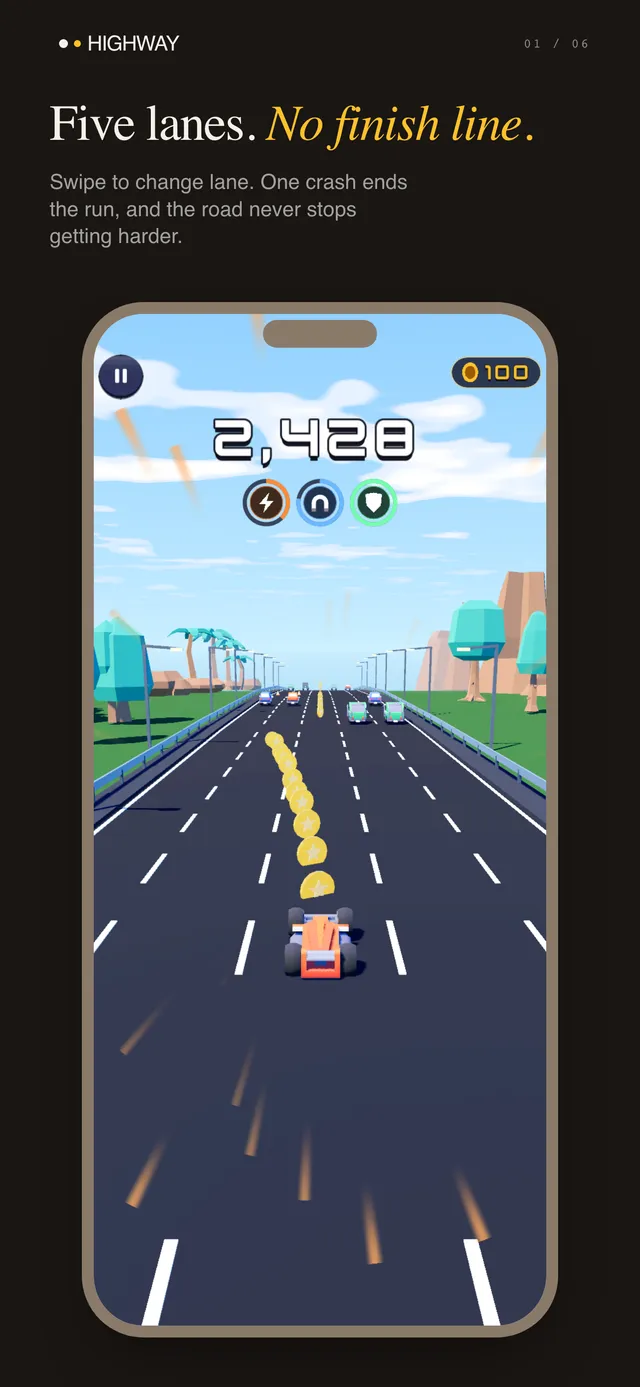 Five lanes of traffic ahead, with a trail of coins down the middle