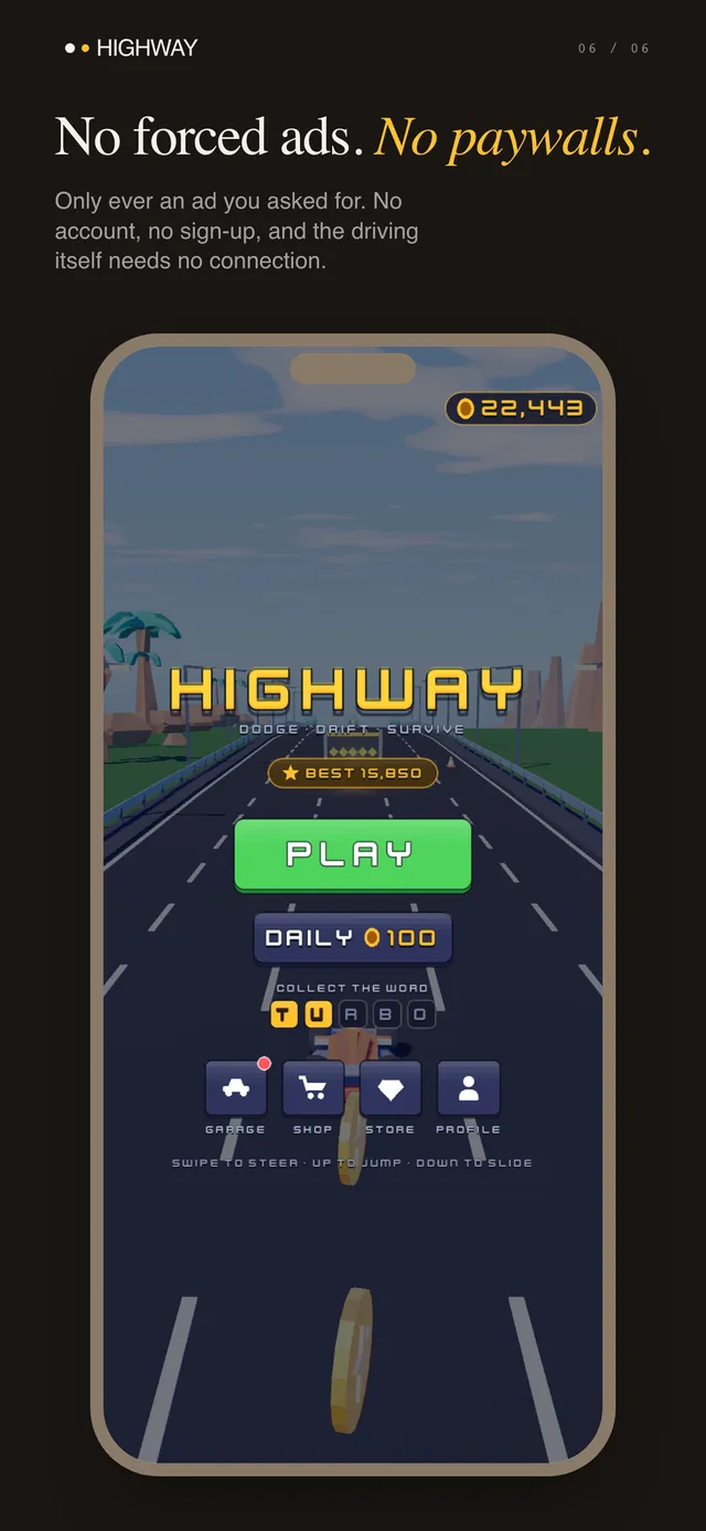 The HIGHWAY menu, with the daily coins and the word to collect