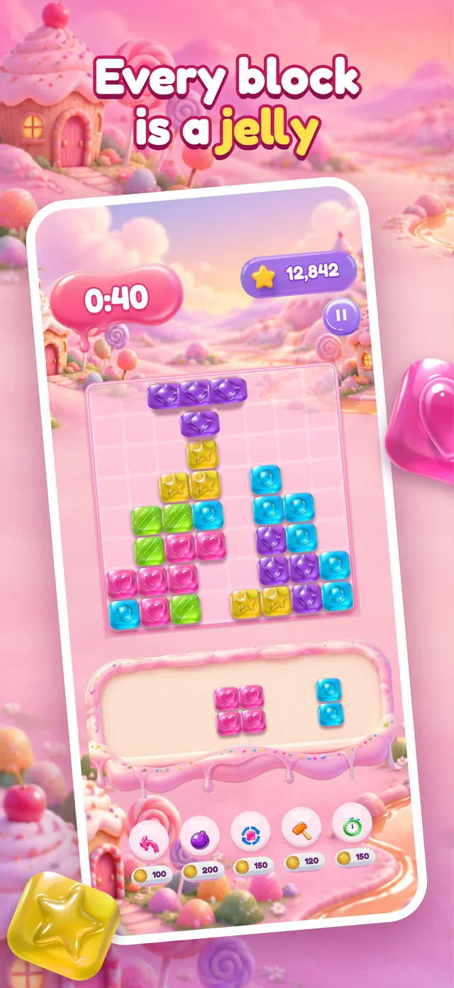 A board of jelly blocks mid-game, with the next pieces waiting in the tray
