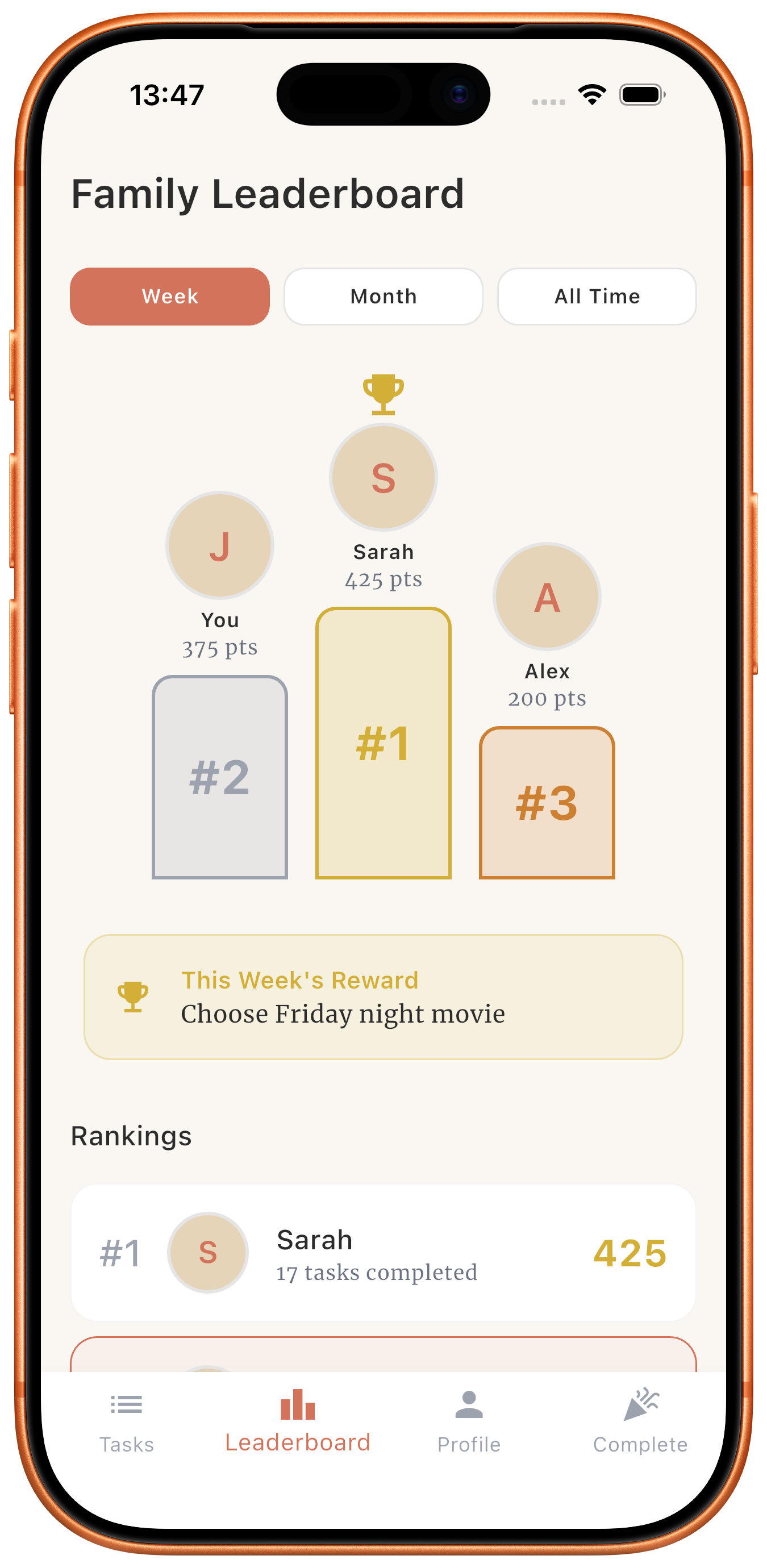 sFamily app leaderboard preview showing family competition
