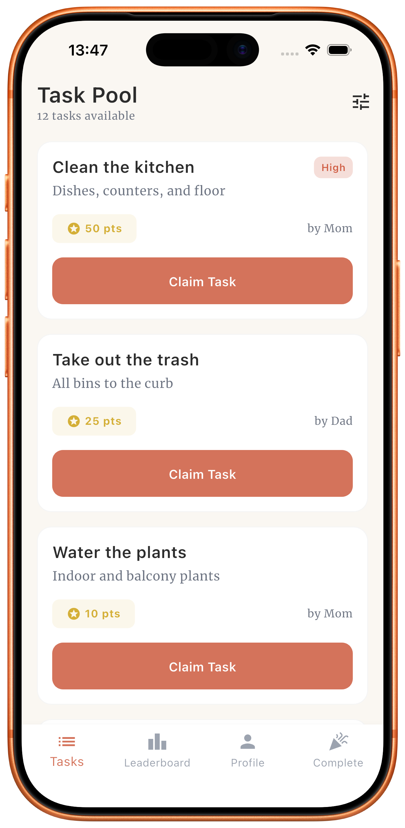Task selection screen